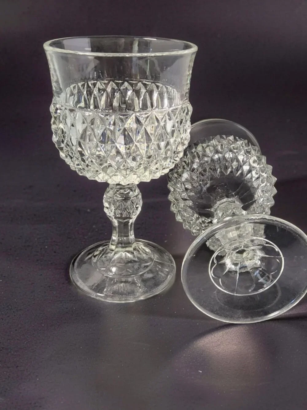 Vintage Set of 2 1960's Indiana Glass Diamond Point Clear Pedestal Wine Goblet.